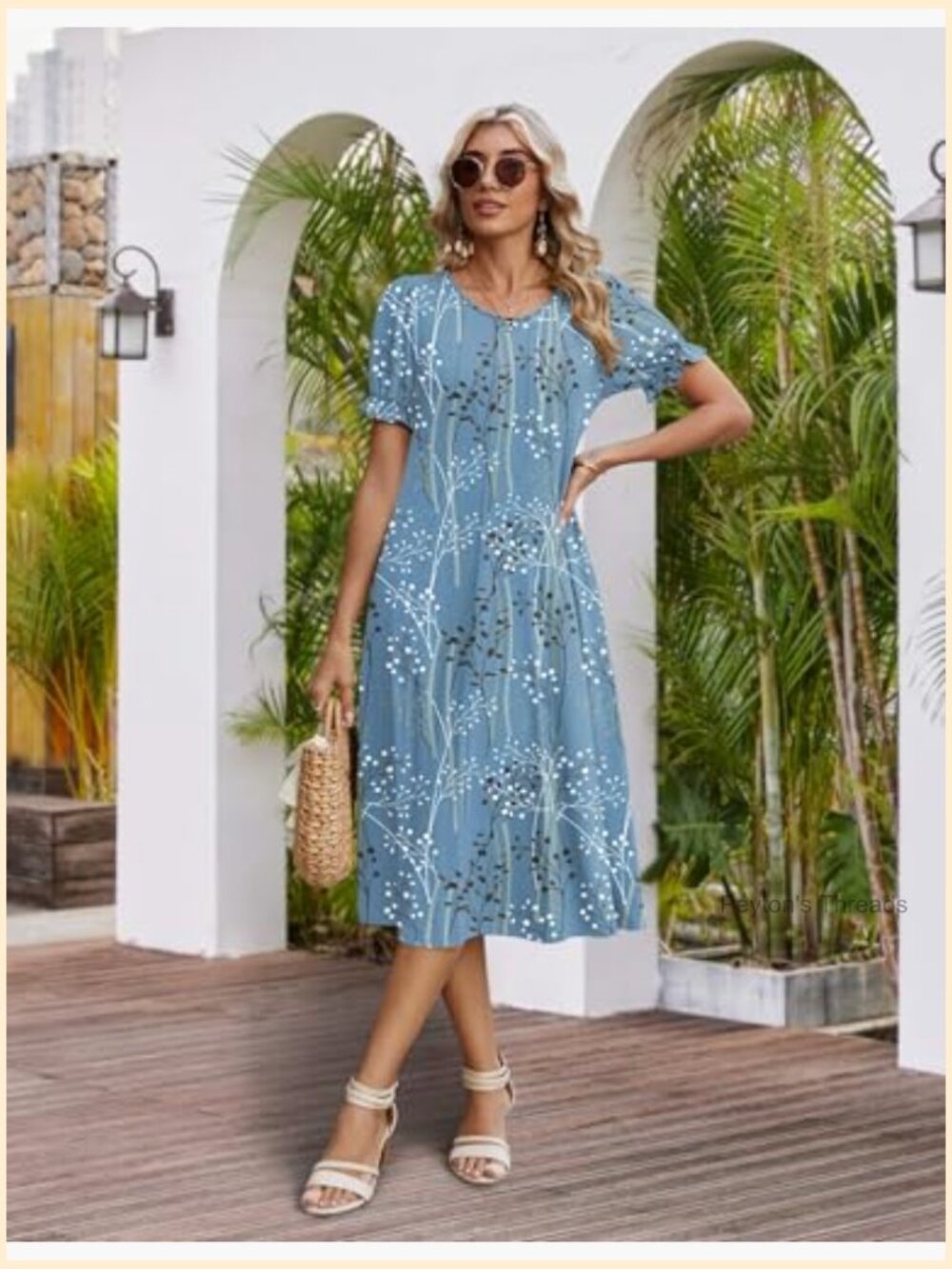 Women's Casual Midi Dress with Puff Sleeves, Pleated Flowy Sundress with - Picture 4 of 7